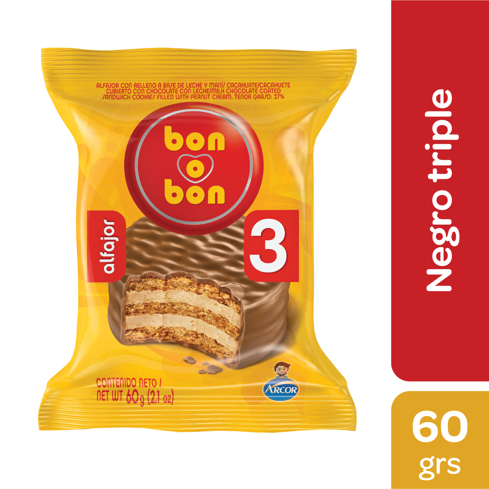 ALFAJOR RELLENO C/MANI TRIPLE BAÑO CHOCOLATE BON O BON 60g